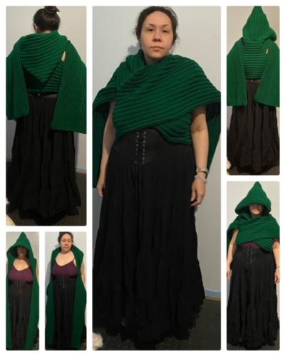 Elora Danan Willow inspired crochet hooded green shawl